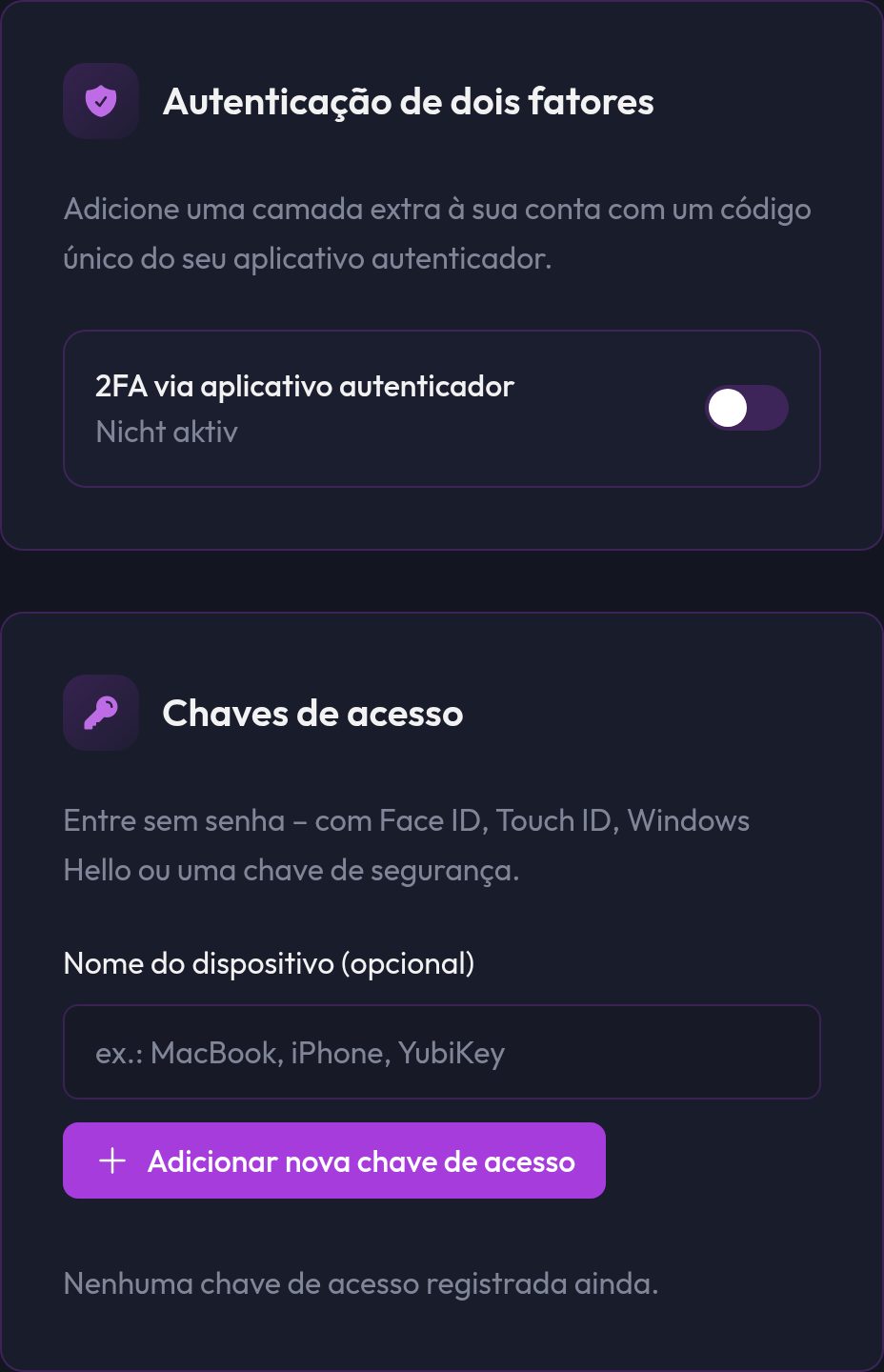 A aba Segurança na conta com o controle de 2FA e a lista de Passkeys