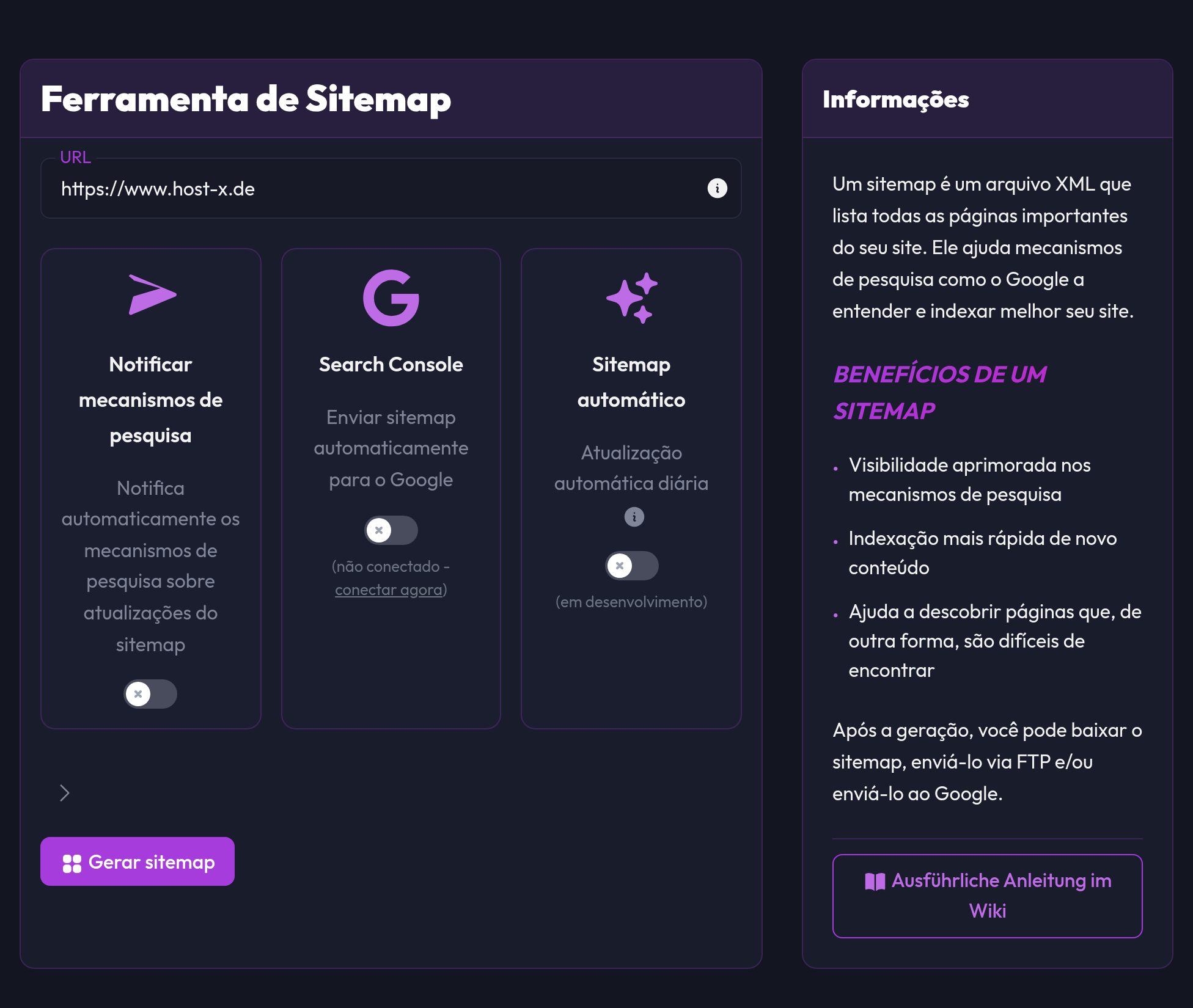 A ferramenta de Sitemap com campo de domínio e os alternadores Ping, Search Console e Auto Sitemap
