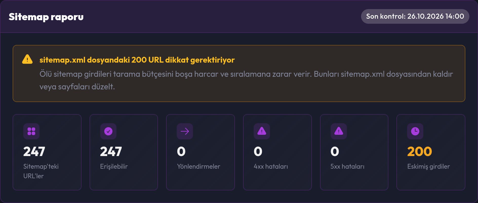 Erişilebilir URL'ler, yönlendirmeler ve hatalara ait değerlerin yer aldığı sitemap raporu
