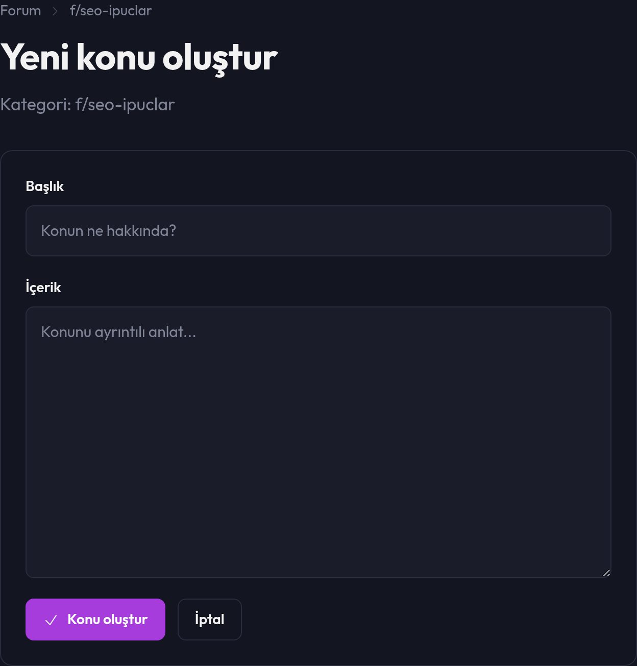 Başlık ve içerikle yeni konu oluşturma formu