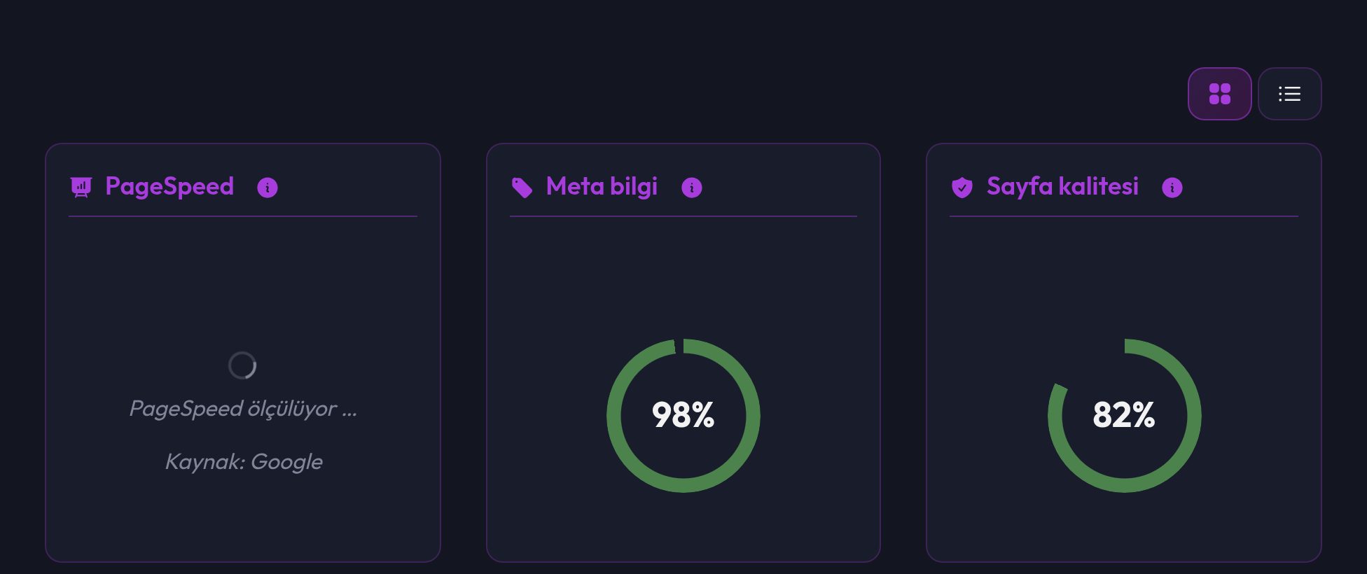 Bir analizden sonra PageSpeed, meta veriler ve sayfa kalitesi olmak üzere üç puan