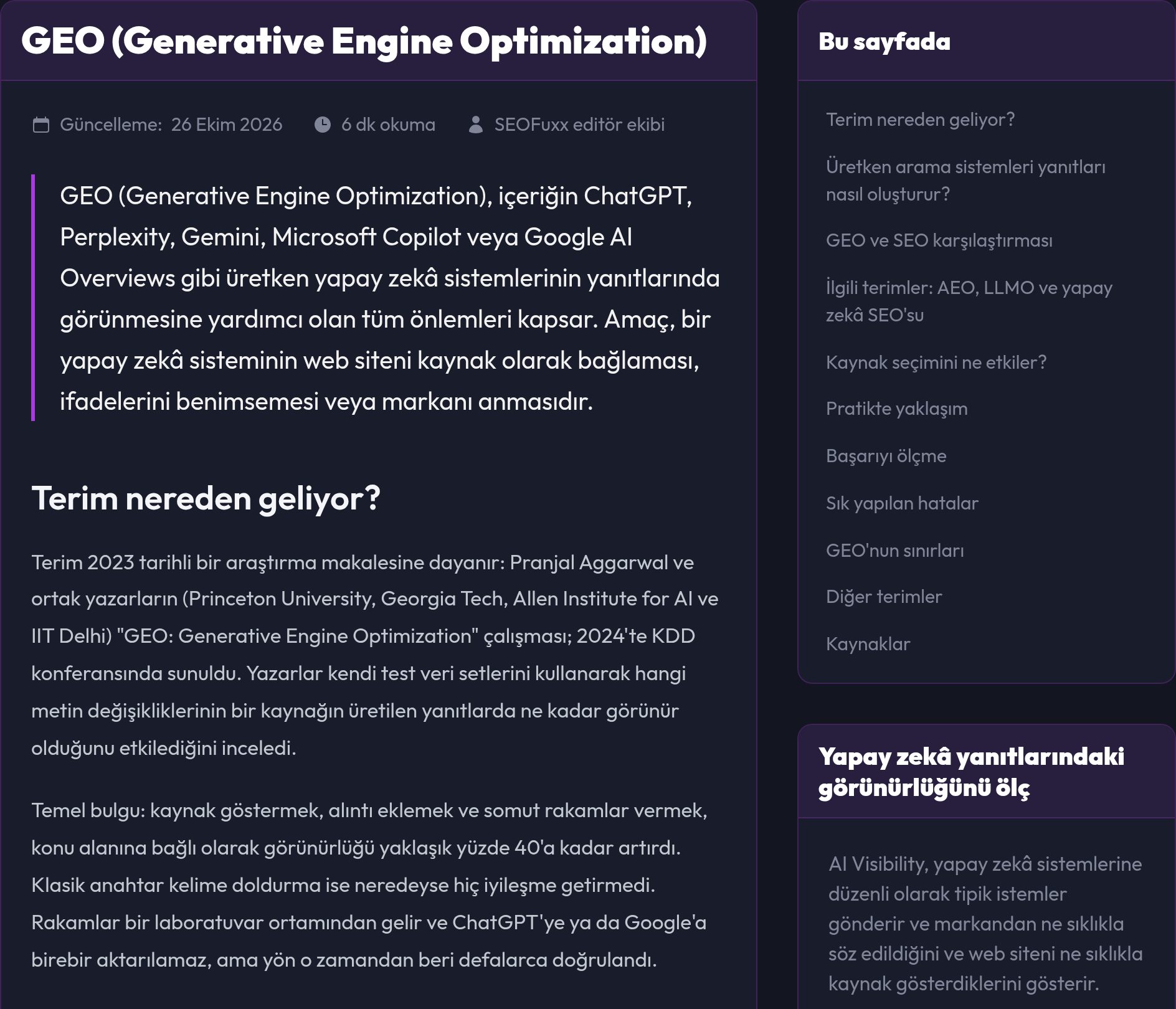 "Bu sayfada" içindekiler listesiyle ayrıntılı bir sözlük makalesi