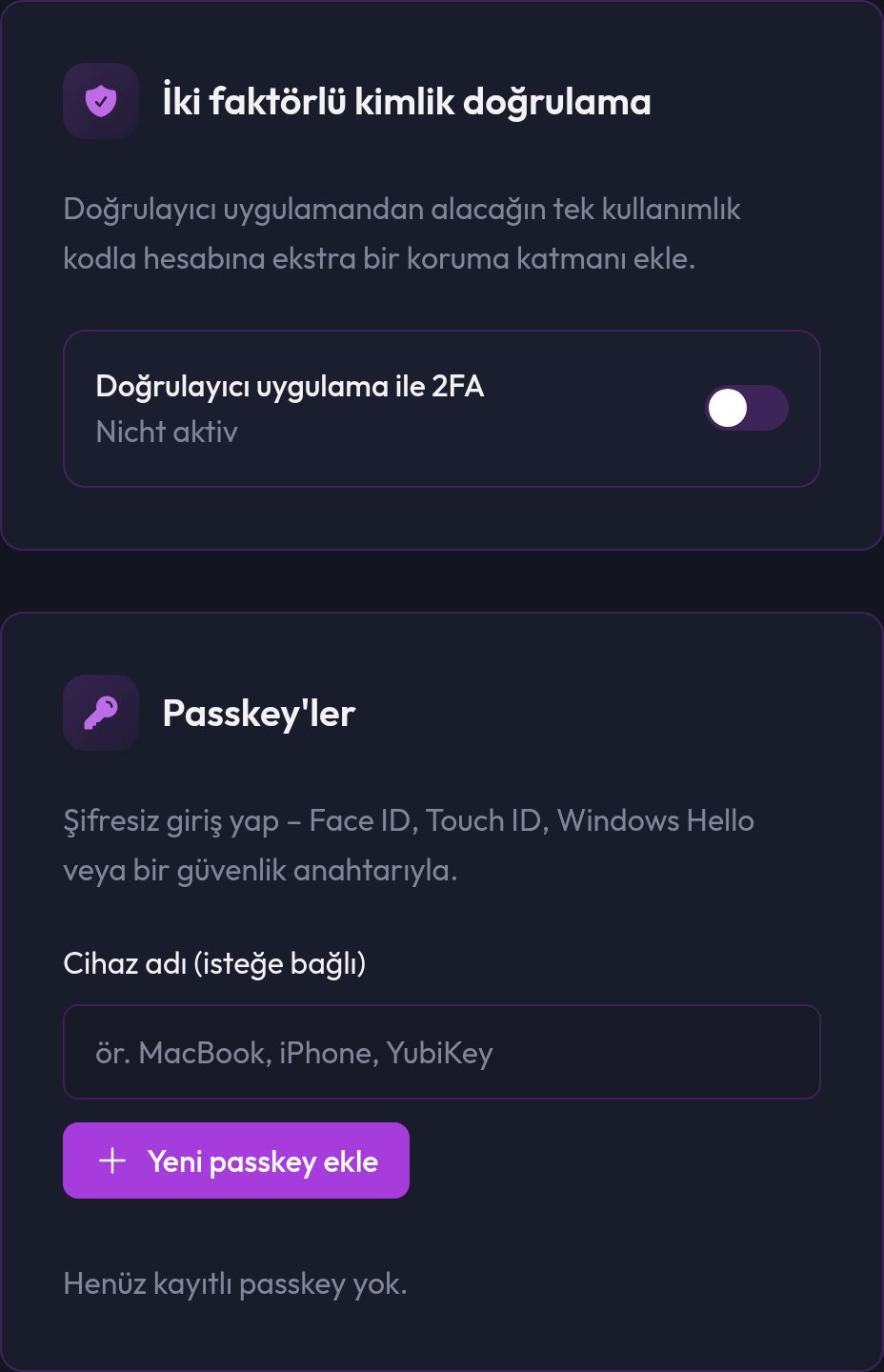 2FA anahtarı ve passkey listesinin yer aldığı hesabındaki Güvenlik sekmesi